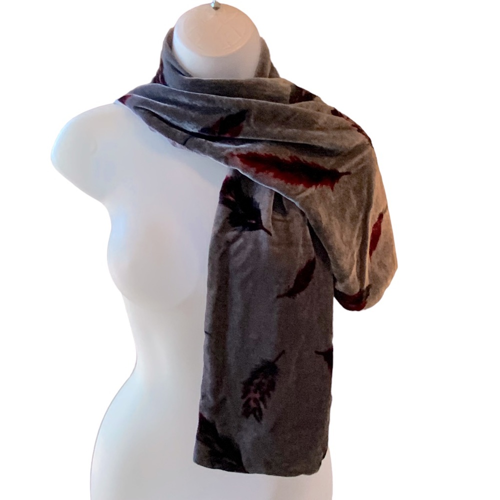 Velvet Gray And Burgundy Floral Scarf With Solid Gray Underside 44” x 9.5” Long